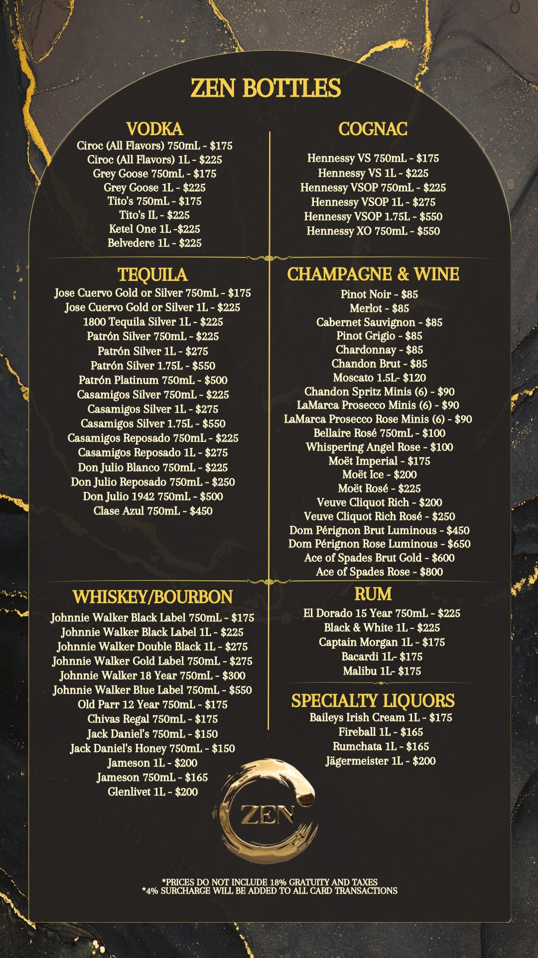 Zen Bottles menu