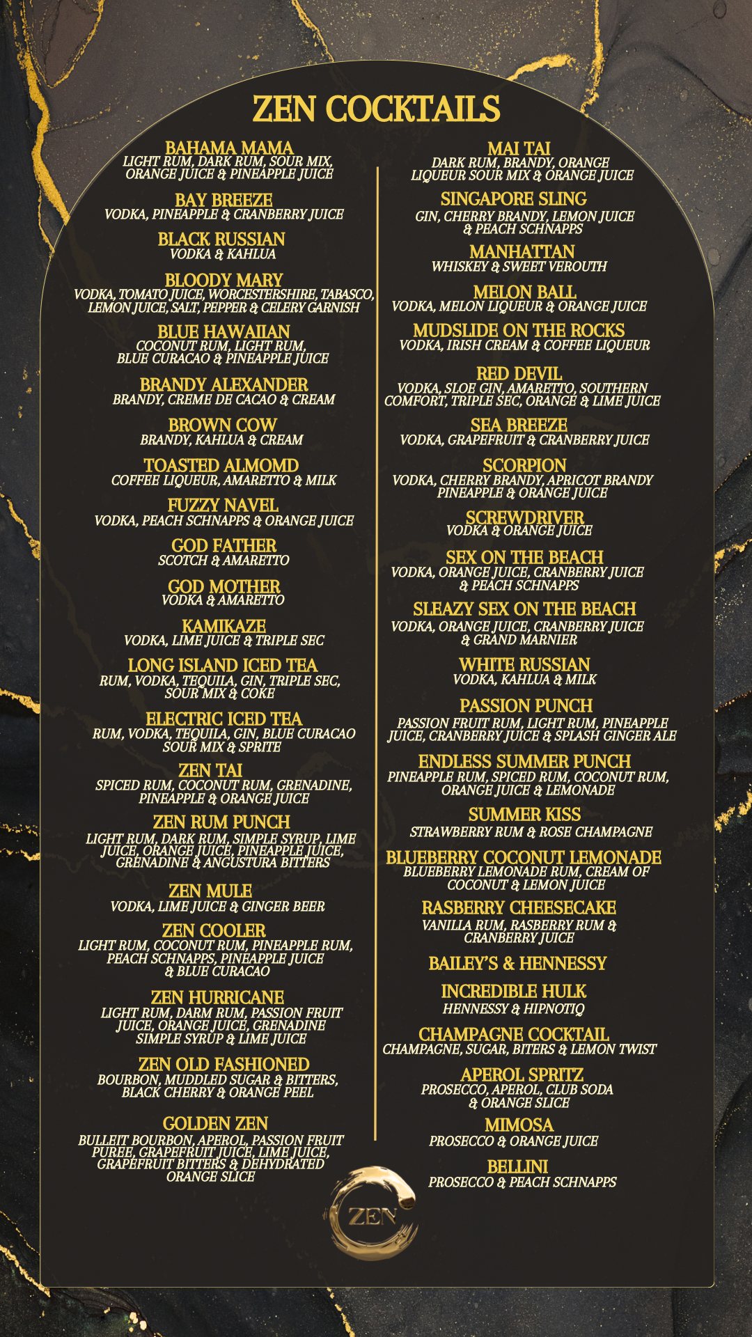 Zen Cocktails menu